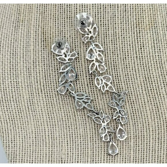 Crystal Rhinestone Dangle Earrings 3” Silver Tone Setting Special Occasion - Picture 2 of 2